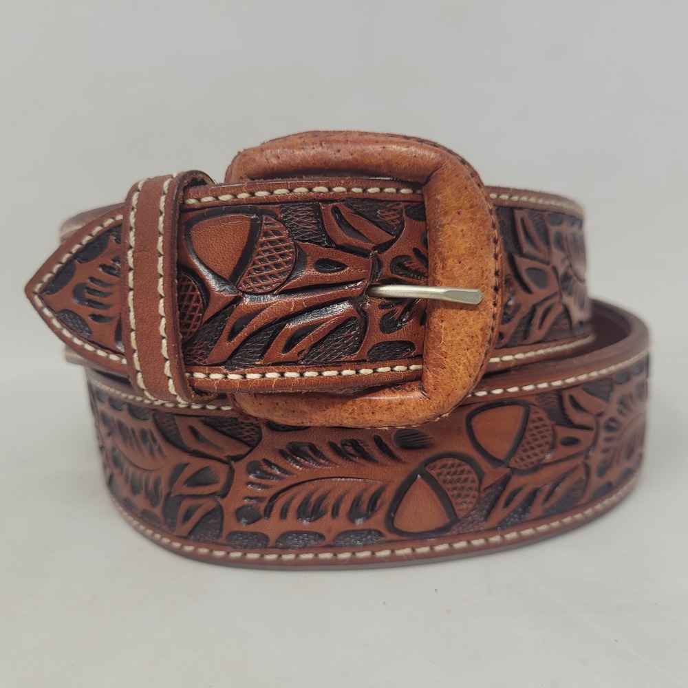 Vogt Silversmiths Belt 36 Brown Leather Hand Tooled Top Grain Steerhide Acorns